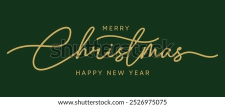 Golden Merry Christmas handwritten calligraphy isolated on green background. Vector holiday illustration element. Linear Merry Christmas lettering.