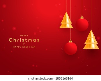 Golden Merry Christmas & Happy New Year Text With 3D Xmas Trees And Baubles Hang On Red Background.