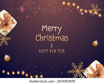 Golden Merry Christmas And Happy New Year Text With Top View Gift Boxes, Snowflakes, Baubles, Lighting Garland Decorated Background.