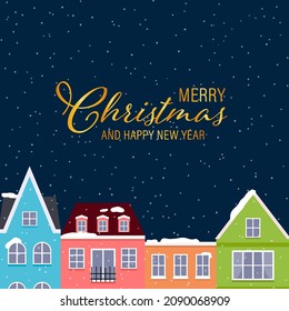 Golden Merry Christmas and Happy New Year text with colorful buildings and snow. Vector illustration.