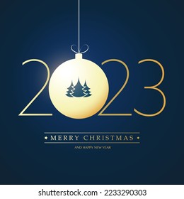 Golden Merry Christmas and Happy New Year Greeting Card with Pine Tree on a Christmas Ball, Creative Design Template - 2023