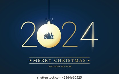 Golden Merry Christmas and Happy New Year Greeting Card with Pine Tree on a Christmas Ball, plantilla de diseño creativo para mejores tarjetas de deseos, año 2024