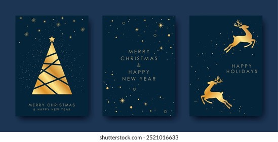 Golden Merry Christmas and Happy New Year greeting card. Christmas tree, deer on dark blue background. Vector illustration for poster, advertising design.