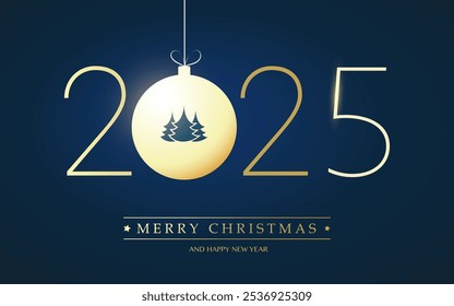 Golden Merry Christmas and Happy New Year Greeting Card with Pine Tree on a Christmas Ball, Creative Design Template for Best Wishes Cards, Year 2025