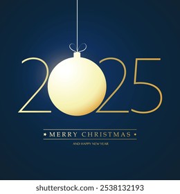 Golden Merry Christmas and Happy New Year Greeting Card with a Christmas Ball, Creative Design Template for Best Wishes Cards, Year 2025