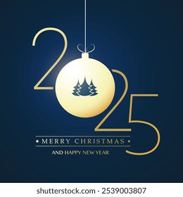 Golden Merry Christmas and Happy New Year Greeting Card with Pine Tree on a Christmas Ball, Creative Design Template for Best Wishes Cards, Year 2025