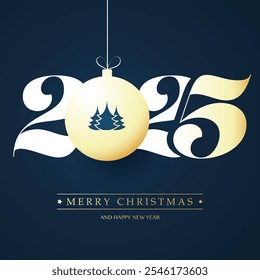 Golden Merry Christmas and Happy New Year Greeting Card with Pine Trees on a Christmas Ball, Creative Design Template for Best Wishes Cards, Year 2025