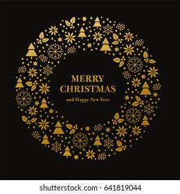Golden Merry Christmas and Happy New Year greeting card. Merry Christmas wreath consisting of Golden Icons. Vector
