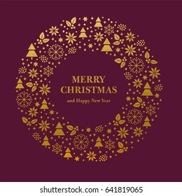 Golden Merry Christmas and Happy New Year greeting card. Merry Christmas wreath consisting of Golden Icons. Vector
