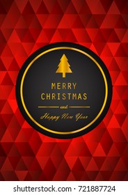 Golden Merry Christmas and Happy New Year with Black Badge on Red Mosaic Background