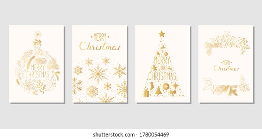 Golden Merry Christmas invitation templates with snowflakes and sparkles, fir and pine, holly and mistletoe. Winter holiday xmas flourish cards. Vector isolated festive vintage borders with lettering.