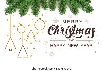 Golden Merry Christmas line balls light white background. Festive xmas decoration gold christmas balls handing and fir tree, stars. Vector illustration banner design template