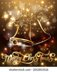 Golden Merry Christmas New Year banner with christmas bells and xmas omela, vector illustration