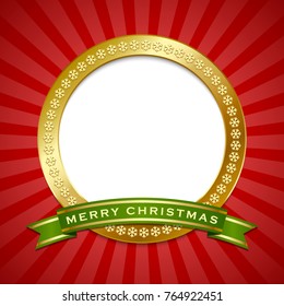 Golden Merry Christmas plaque with ribbon decoration and copy space for your custom text.