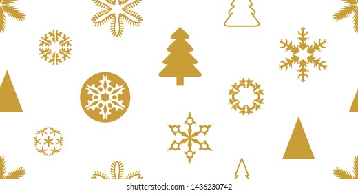Golden Merry Xmas seamless pattern with geometric motifs. Snowflakes, fir trees and circles with different ornaments. Retro design collection. Template for cards and gift packagings.