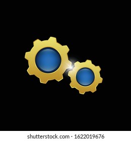 golden meshing gears.Two blue gold cogwheel gears