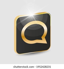 Icono de la charla de un mensaje dorado sobre un botón de fondo negro. Isometrics. Acercamiento. Minimalismo. Comunicación en medios sociales. Vector.