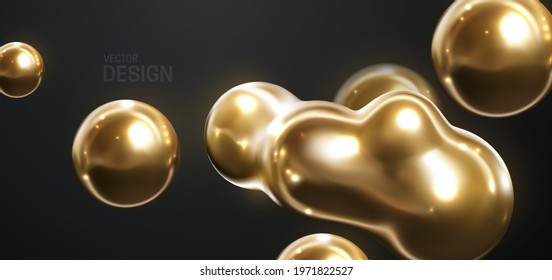 Golden metaball shape. Morphing metallic blob. Vector 3d illustration. Abstract 3d background with flowing gold spheres. Banner or sign design