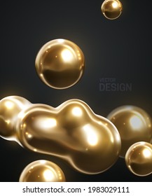 Golden metaball shape. Morphing metallic blob. Vector 3d illustration. Abstract 3d background with flowing gold spheres. Banner or sign design