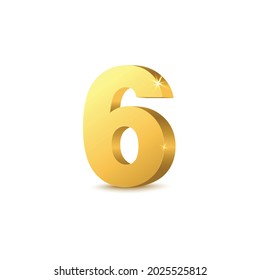 Golden metal 3d number six symbol realistic vector illustration isolated on white background. Template or mockup of gold figures font digit 6 design element.