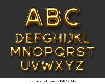 Conjunto de vector del alfabeto de metal dorado. 3d tipo de letra metálica brillante realista. Decorativas letras de oro de lujo para banner, portada, cumpleaños o aniversario, fiesta de vacaciones.