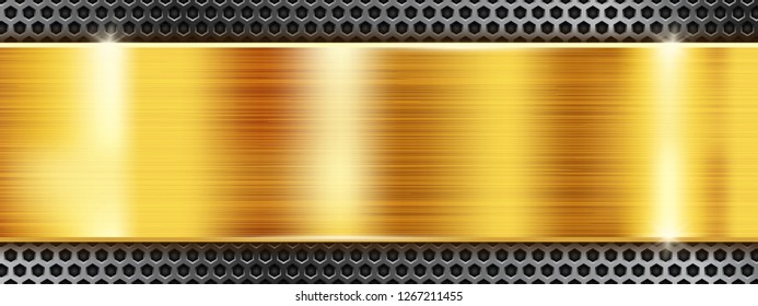 Golden metal background with perforated frame. Vector 3d illustration