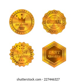 Golden metal badges isolated on white background. Best quality, best choice, original, exclusive