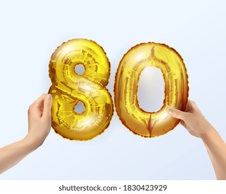 Goldener Metallballon Nr. 80. Partydekoration mit Goldenen Ballons. Die Nummer 80 ist in Ihrer Hand.Jubiläumszeichen für einen glücklichen Urlaub, Geburtstag, Neues Jahr. Das Design des Metallballons.