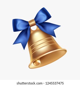 Golden metal bell with blue bow isolated on a white background, Christmas symbol, school bell, vintage bell. 3D effect. Vector illustration. EPS10