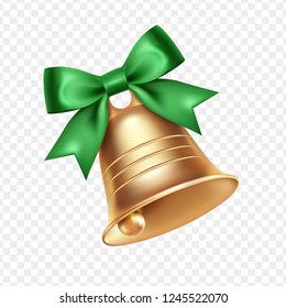 Golden metal bell with green bow isolated on a transparent background, Christmas symbol, school bell, vintage bell. 3D effect. Vector illustration. EPS10