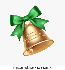 Golden metal bell with green bow isolated on a white background, Christmas symbol, school bell, vintage bell. 3D effect. Vector illustration. EPS10