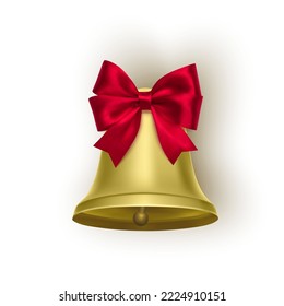 Golden metal bell with red bow isolated on a white background, Christmas symbol, school bell, vintage bell. 3D effect