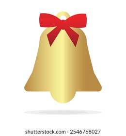 Golden metal bell with red bow isolated on a white background, Christmas symbol, school bell, vintage bell. Merry Christmas and Happy New Year concept. Vector illustration design element EPS 10