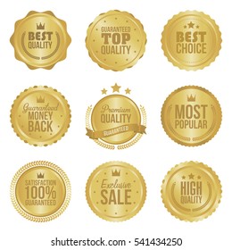 Golden metal best choice premium quality badges set isolated vector illustration.