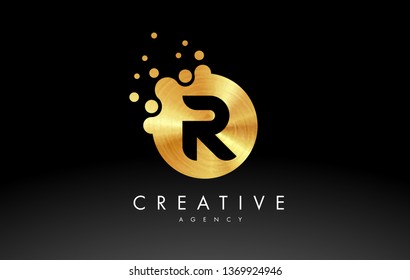 Golden Metal Dots Letter R Logo. R Letter Design Vector with Dots.