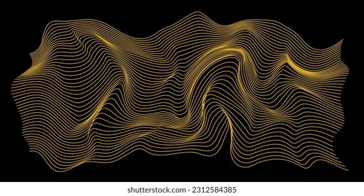 Golden metal dynamic 3d mesh. Abstract wave line art in black and gold colors. Vector illustration