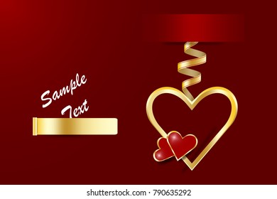 Golden metal frame heart with two little red hearts hanging on the golden ribbon. Vector with free place for your text can be used for Valentine's Day  or Wedding Day.