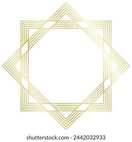 Golden metal frame isolated on white. Vector frame for photo. Frame for text, certificate, pictures, diploma. Luxury, gold, wedding, celebration	