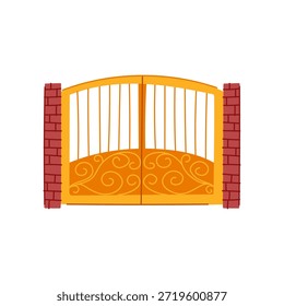 Portão de metal dourado com pergaminho decorativo e barras verticais, flanqueado por pilares de tijolos resistentes, simbolizando segurança, elegância e exclusividade em uma entrada