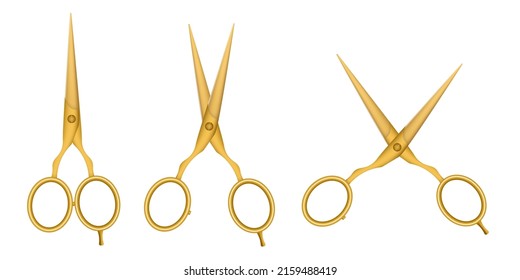 Golden metal hairdresser scissor set closed and open, realistic template vector illustration isolated on white background. Professional scissors tool mockup.