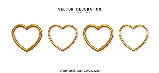 Golden metal hearts. Set Realistic 3d gold hearts design. Romantic Symbol of Love. vector illustration