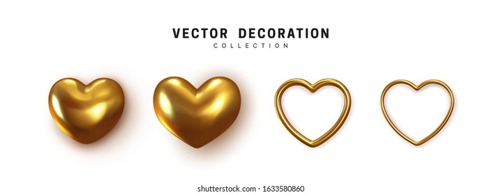 Golden metal hearts. Set Realistic 3d gold hearts design. Romantic Symbol of Love. vector illustration