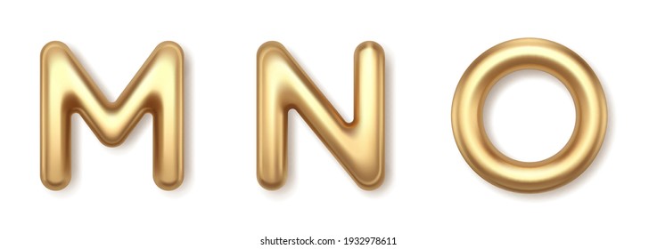 Golden metal M N O 3d balloons letters vector icons. Yellow precious font with shiny highlights and luxurious style. Bright elegant alphabet set for exclusive advertising and glamorous holidays.