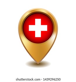 Golden metal map pointer with Switzerland flag. Vector illustration isolated on white background