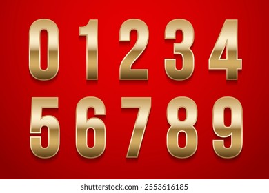 Golden metal numbers isolated on red background. Collection of birthday 3D gold numbers from 0 to 9. Luxury bright metallic font. Vector design elements for party, holiday, sale, promotion, postcard.