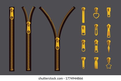Golden metal open and closed zipper set with different shapes of slider - rectangle, oval, heart and star isolated on grey background. Realistic vector illustration.