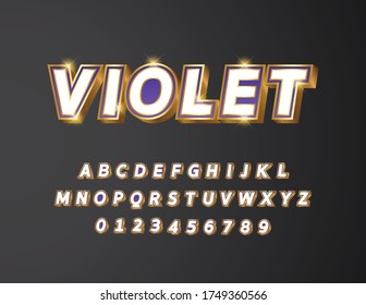 Golden metal with purple violet gradient bold text 3d styled alphabet typeface vector Illustration