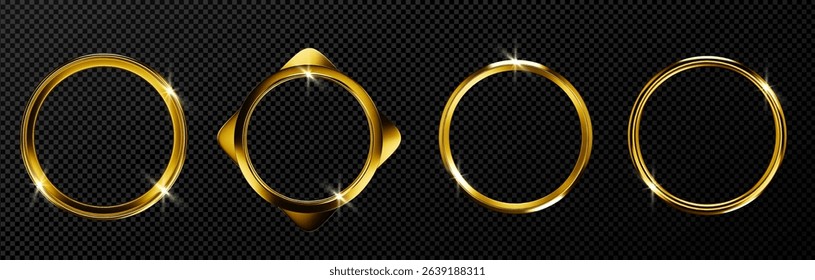 Golden metal ring frame set with shiny sparkles on transparent background - circular borders for luxury design. Round decorative elements with glowing effects isolated for premium badges and labels.