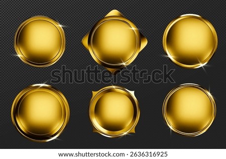Golden metal ring frames with shiny sparkle effects on transparent background - luxury round badges, circular medals, coin borders for premium design. Glossy brass frame set for certificates or awards