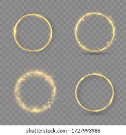 Golden metal ring with lighting effect and reflection. Set of gold wedding rings with glowing lights and gold sparkles on transparent background. Beautiful for women. Vector illustration, eps 10.